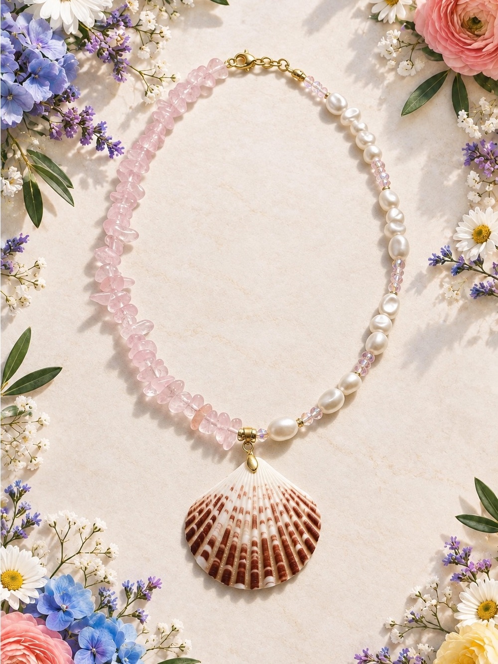 Faux & Rose Quartz Shell Pendant Necklace
